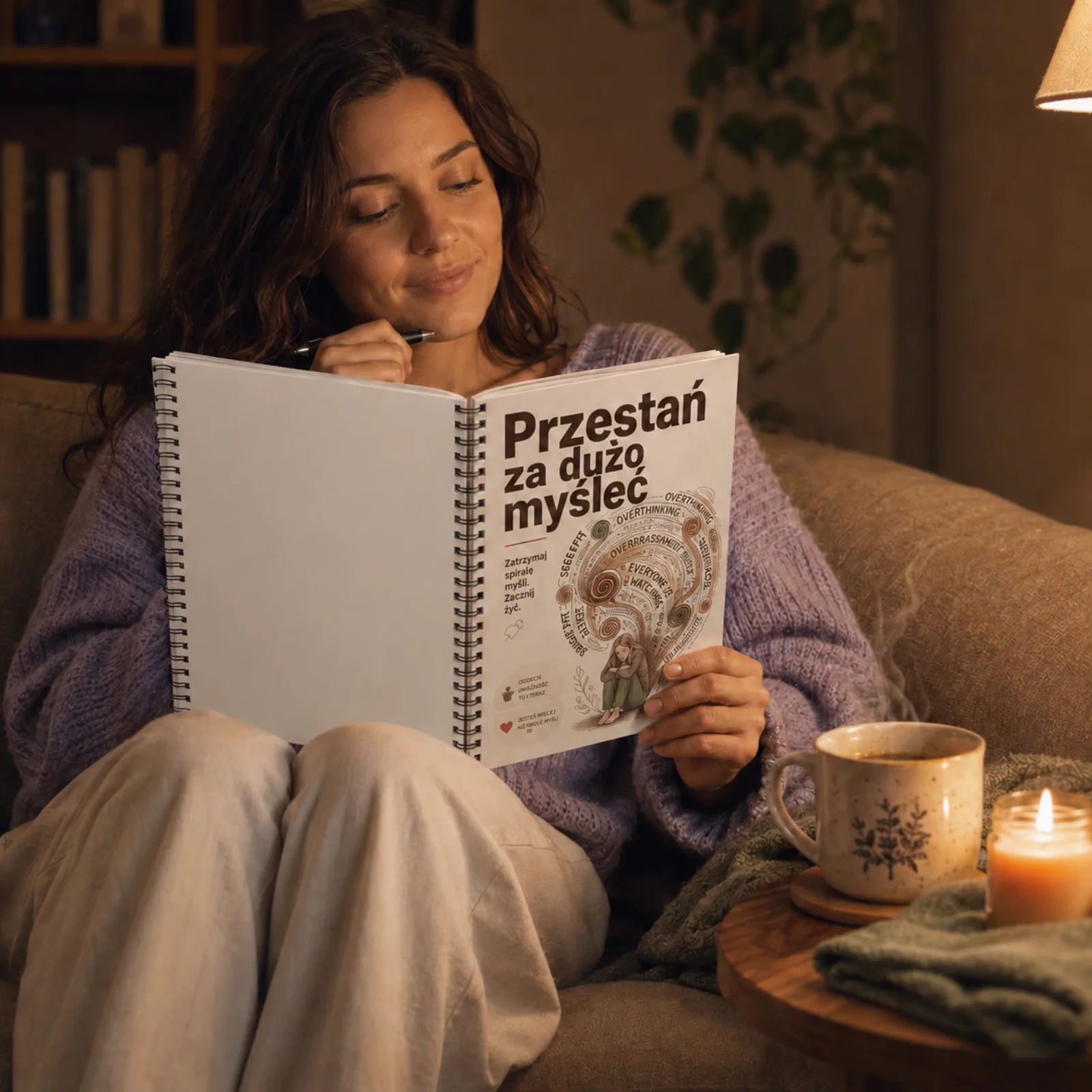 Spokojny wieczór z notatnikiem na kanapie